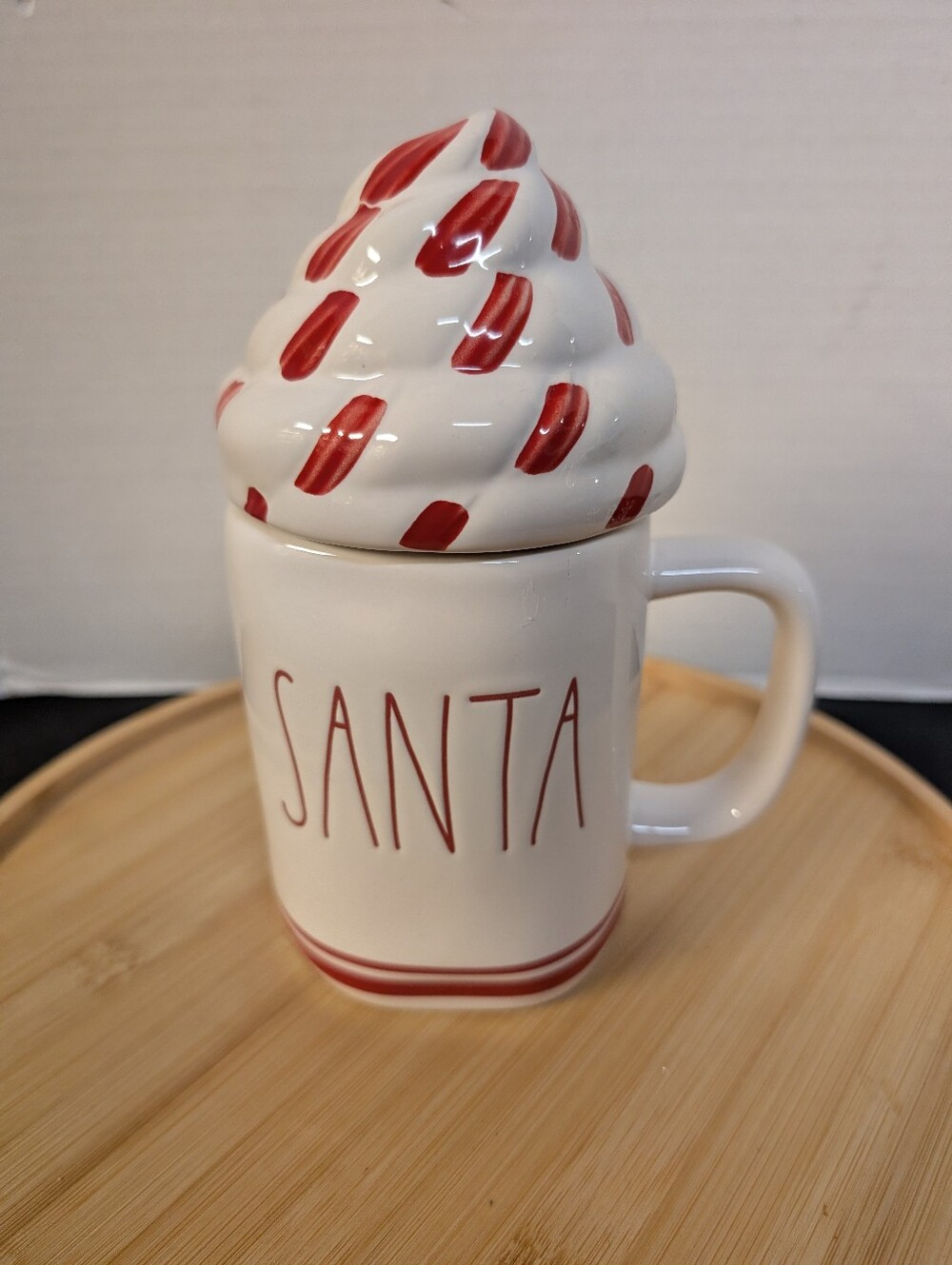 Rae Dunn Santa Peppermint Mocha COFFEE MUG + TOPPER Cover Lid White & Red